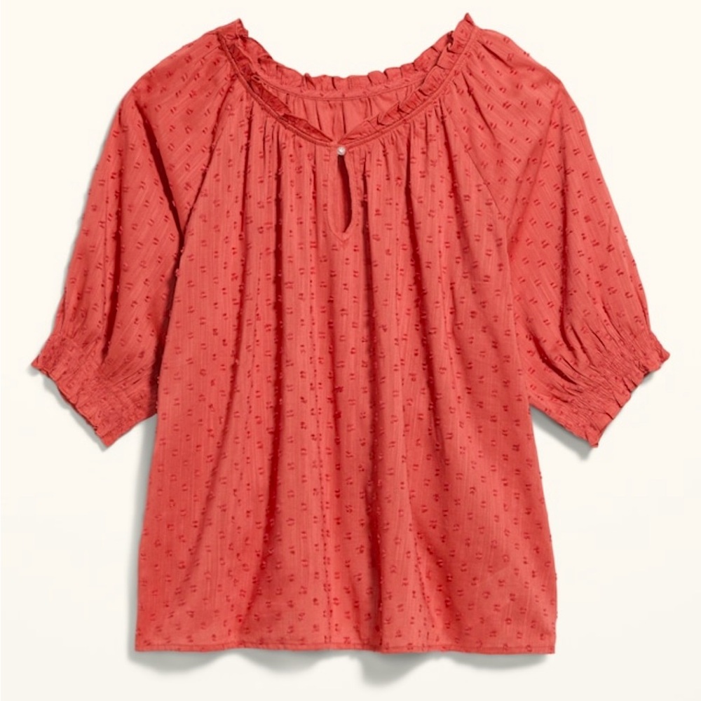 NWT Textured Clip-Dot Smocked-Sleeve Top